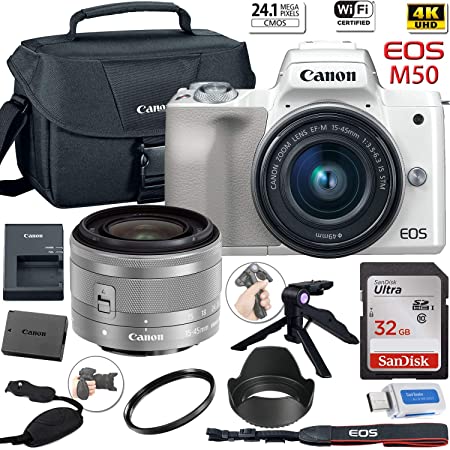 Canon EOS M50 Mirrorless Digital Camera with 15-45mm Lens (White)   Canon Shoulder Bag   32GB Sandisk Memory Card   Grip Steady Tripod   Grip Strap   Lens Tulip Hood & More.