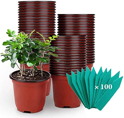 SHEEFLY 100 Pack Plant Nursery Pots 4 inch Plastic Plant Pots, Soft Durable Reusable Seed Starting Pots for Succulents Plants Vegetables Fruits Seedlings Cuttings Transplanting with 100 Plant Labels