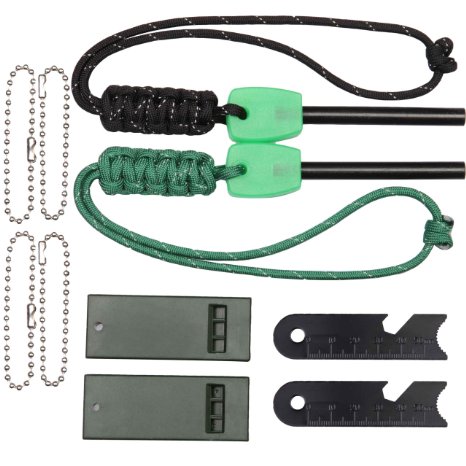 Dimples Excel 7 in 1 Magnesium Fire Starter with Luminous Green Handle, Mini Ruler, Bottle Opener, Serrated Edge,Rescue Whistle and Lanyard Woven by 40inches Paracord (2 Pack)