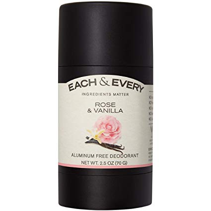 Each & Every All Natural Aluminum Free Deodorant for Women and Men, Cruelty Free Vegan Deodorant with Essential Oils, Non-Toxic, Baking Soda Free, Rose & Vanilla, 2.5 Oz.