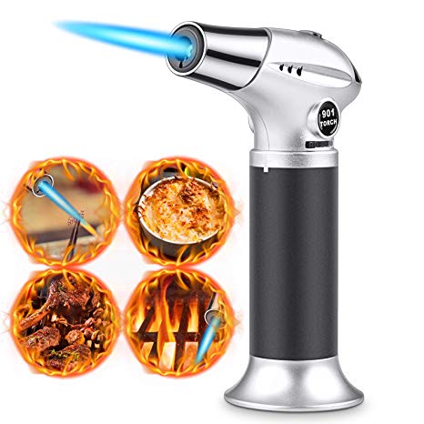 Blow Torch Professional Kitchen Cooking Torch Culinary Butane Torch, Safety Lock & Adjustable Flame & Refillable Aluminum Blow Professional Butane for Camping, BBQ(Butane Gas Not Included)