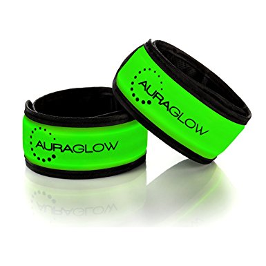 Auraglow Super Bright High Visibility Light-Up LED Arm Band Reflective Running Bracelet Cycling Safety Band - Twin Pack - Green