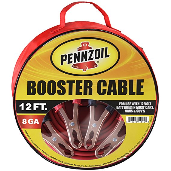 Pennzoil Jumper Cable 8 Gauge 12 Foot 500A Heavy Duty Battery Booster for Most Cars Trucks Vans SUVs - Includes Handy Travel/Storage Bag
