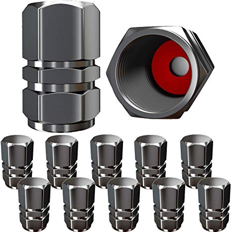 Tire Valve Caps (12 Pack) Heavy-Duty Stem Covers | Dust proof, with O Rubber Seal | Hexagon Design | Outdoor, All-Weather, Leak-Proof Air Protection | Light-Weight Universal Aluminum Alloy ( Gun Gray)