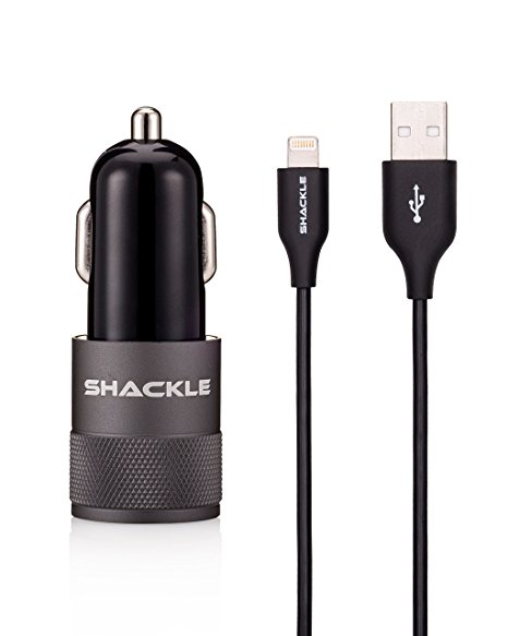 iPhone Car Charger, Shackle 4.8A Lightning Car Charger with 3.3ft Apple MFi Certified Lightning Cable for for iPhone 7/6S/6S Plus,6,5S,iPad - Black