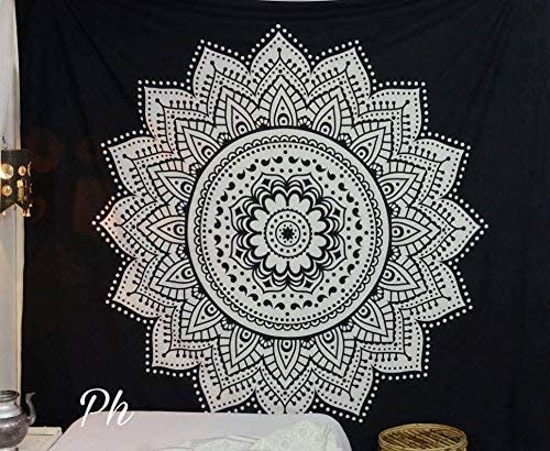 Popular Handicrafts Kp1141 Black and White Lotus Mandala Tapestry Wall Hanging Hippie Bohemian Wall Tapestries Wall Art Magical Thinking Tapestry