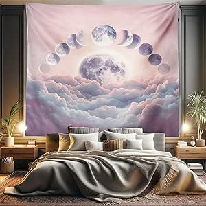 Ambesonne Pink Tapestry King Size, Pastel Sky Scene with Moon Phases and Fluffy Clouds Cumulus of Softness, Wall Hanging Bedspread Bed Cover Wall Decor, 104" X 88", Mauve Pale Rose and Blue