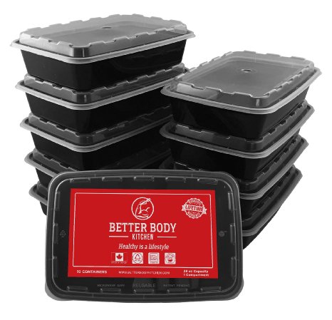 Meal Prep Food Containers by Better Body Kitchen ( Set of 10 ) - Single Compartment and 28 oz Capacity for a Bigger Better Meal
