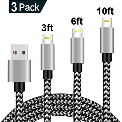 GPLAN Lightning Cable for iPhone Charge Cable 3 Pack 3FT 6FT 10FT Nylon Braided Fast Charging Cable Cord Connect to iPhone Charger for iPhone X/8/8 Plus/7/7 Plus/6/6s Plus/5s/5c/5/iPad/iPod (Black)