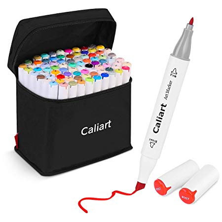 Caliart 80 Colors Dual Tip Permanent Art Markers Alcohol Based Sketch Marker Pens Permanent Markers for Adult Coloring Illustration Painting Card Making Sketching Writing Drawing, with Carrying Case