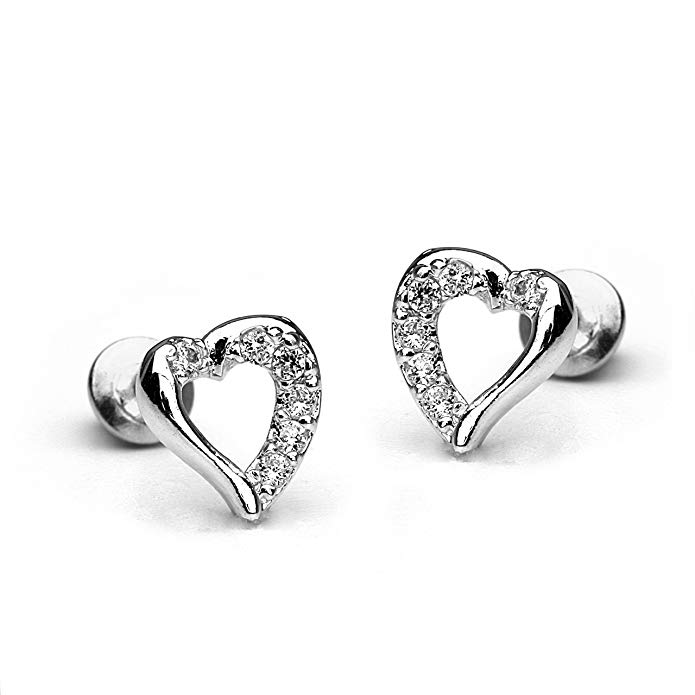 925 Sterling Silver Rhodium Plated Open Heart Cubic Zirconia Screwback Baby Girls Earrings
