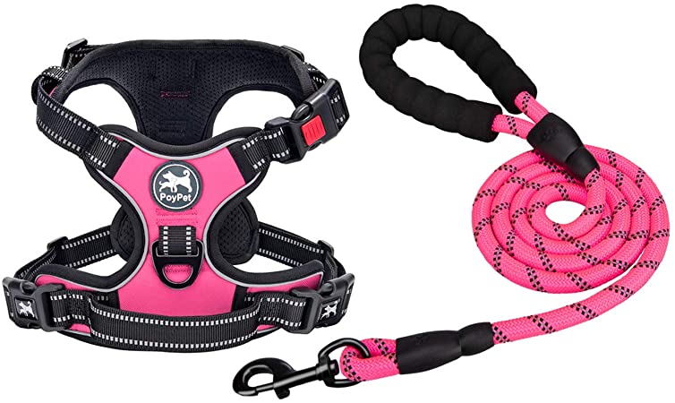 PoyPet Dog Harness and Leash Combo, Escape Proof No Pull Vest Harness, Reflective Adjustable Soft Padded Pet Harness with Handle for Small to Large Dogs(Pink,L)