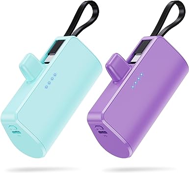 [2 Pack] Small Portable Charger 5200 mAh for iPhone, Ultra-Compact PD 3.0A Power bank with Built-in Cable, USB C Mini Battery Pack Compatible with iPhone 14 Plus/14/13/12/11/XR/8 Samsung Android Phone