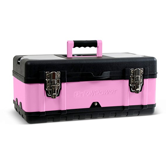 Pink Power 18” Portable Aluminum Tool Box for Tool or Craft Storage- Locking Lid and Extra Storage Compartments