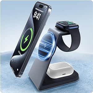 Soonjet 3 in 1 Wireless Charging Station, Charger Stand for Apple Multiple Devices [Revolutionary Cool Fast Charging] [Official Certified] for iPhone 15 14 13 Apple Watch and AirPods