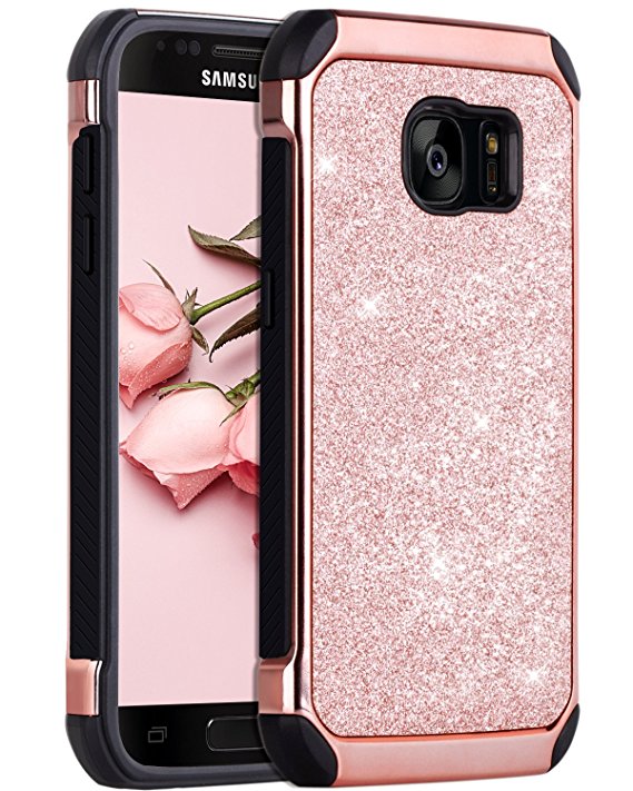 Galaxy S7 Case, Samsung S7 Phone Case, S7 Case, BENTOBEN S7 Phone Case Slim 2 in 1 Dual layer Luxury Glitter Bling Hybrid Hard PC Shell Laminated with Sparkly Shiny Faux Leather TPU Bumper Chrome Rugged Shockproof Protective Phone Cases Cover for Samsung Galaxy S7 (G930), Cute Rose Gold