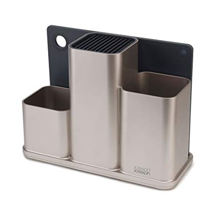 Joseph Joseph 85122 CounterStore Kitchen Utensil Holder Knife Block and Cutting Board Set, Silver