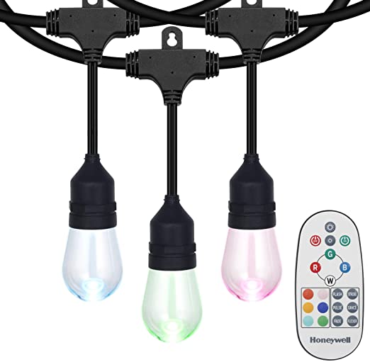 Honeywell Linkable Water Resistant LED Indoor Outdoor Color Changing String Light with Remote Control, 48Ft Commercial Grade Patio Lights with 15 Plastic E26 Bulb Create Cafe Ambience in Your Backyard