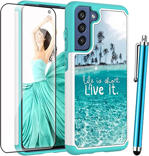 for Samsung Galaxy S21 FE Case with Tempered Glass Screen Protector,Voanice Dual Layer Shockproof Heavy Duty Protective Hard PC Soft Silicone Hybrid Cover Women Girls for Samsung Galaxy S21 FE-Teal