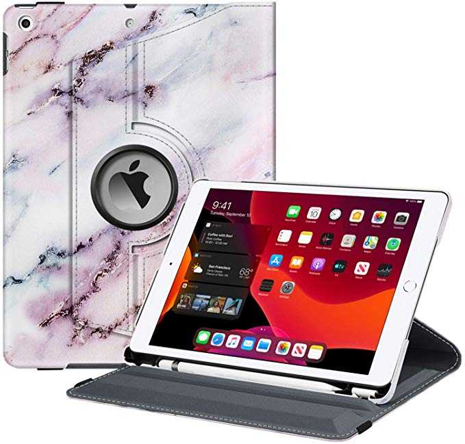 Fintie Rotating Case for New iPad 7th Generation 10.2 Inch 2019 - [Built-in Pencil Holder] 360 Degree Rotating Smart Protective Stand Cover with Auto Sleep/Wake for iPad 10.2" Tablet, Marble Pink