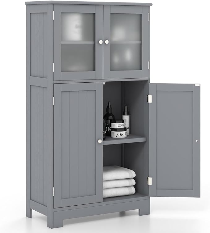 COSTWAY Bathroom Storage Cabinet, Wooden Linen Storage Organizer Cupboard with Doors & Adjustable Shelf, Freestanding Floor Cabinet for Living Room, Kitchen, Entryway, Office (Grey)