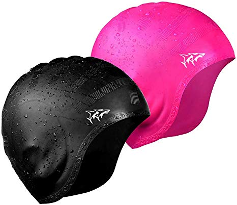 Swim Cap for Long Hair 2 Pack 2019 Thicker Design Solid Silicone Waterproof Swimming Caps for Woman Adults and Men