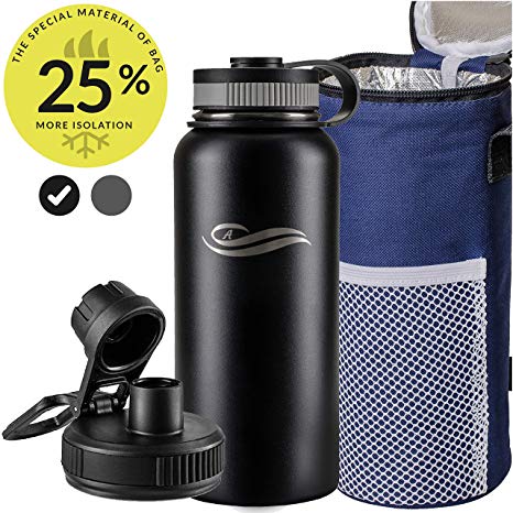 Stainless Steel Water Bottle 32oz - Double Walled Vacuum Insulated Water Bottle - Sports Flask Keeps Cold 36 Hrs & Hot 24 Hrs-Insulated Cooler Bag-Water Bottle Holder Bag with Strap (Black, 32oz)