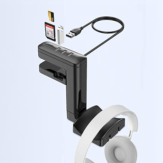 USB Clamp Hub with Headphone Hanger and SD/TF, Headset Hook Holder with 3*USB and SD TF Slot with 3.9ft Extended Cable for PC,Computer, Mac, iMac, Surface, Notebook PC,USB Flash Drives,Mouse and More