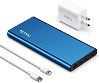 Miady 10000mAh USB-C PD 3.0 Portable Charger, 18W Fast Charging Power Bank/w MFi Certified Lightning Cable and Adapter, External Battery Pack Compatible with iPhone 12/11/11 Pro/XR/SE/X/8/8P and etc
