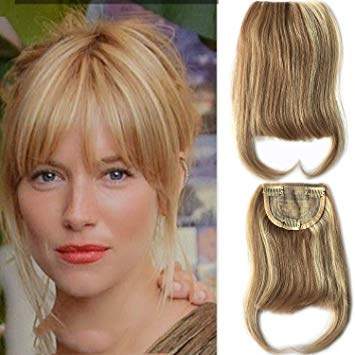 Rossy&Nancy 27/613 Blonde Mixed Brown Color Brazilian Human Hair Clip-in Hair Bangs Full Fringe Short Straight Hair Extension for women 6-8inch