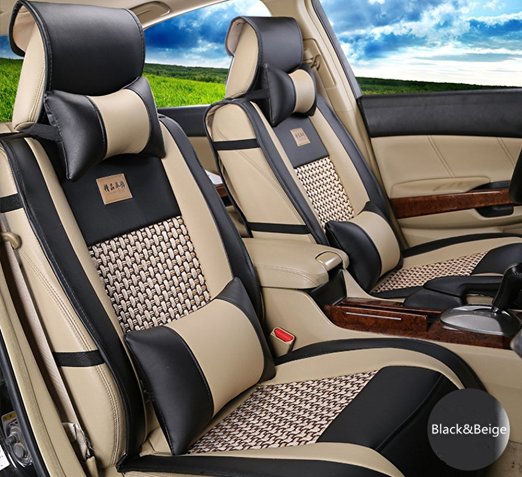 Amooca VTI Universal Front Rear Car Seat Cushion Cover Black&Beige 10pcs Full Set Needlework PU leather CLEARANCE SALE !!!