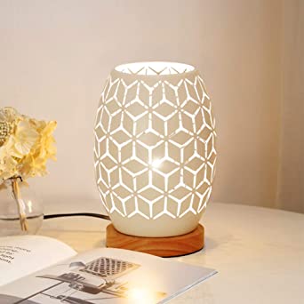 HHMTAKA Metal Lampshape Bedside Table Lamp Wooden Base Bedroom Lamp Decorative Bedside Lamp with Edison Bulb for Bedroom Home Weddings Parties Patio Indoor Outdoor (Geometrical Shape)