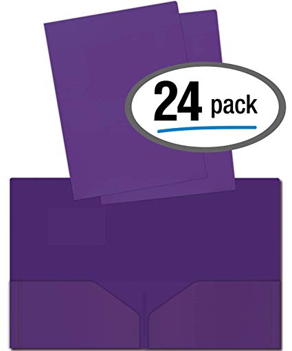 Heavyweight Plastic 2 Pocket Portfolio Folder, Letter Size Poly Folders by Better Office Products, 24 Pack (Purple)