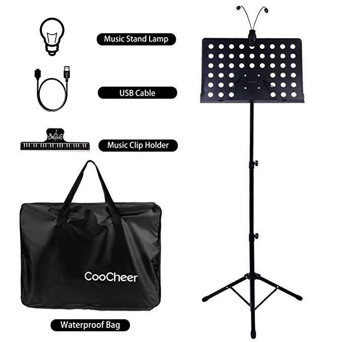 Music Stand, Coocheer Folding Music Sheet Stand with Carrying Bag, Suitable for Violin, Guitar, Flute and Instrumental Performance (music stand with led light)