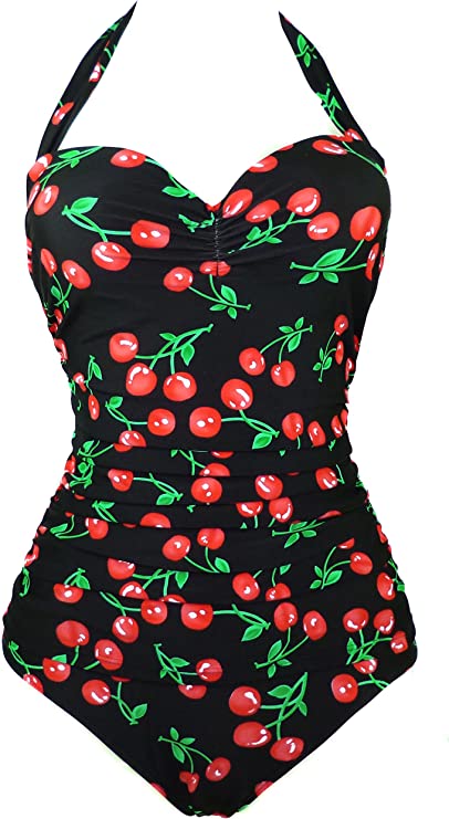 COCOSHIP Women's 50s Retro Floral Swimsuit Ruching One Piece Vintage Swimwear Pin Up Monokinis(FBA)