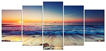 Pyradecor 5 Panel Modern Seascape Artwork Stretched and Framed Sea Beach Pictures Giclee Canvas Prints Waves Paintings on Canvas Wall Art for Living Room Bedroom Home Decor