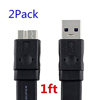 Flat Note 3 Cable, NewLobo(TM) 2 Pack 1feet/0.3m Flat Noodle Micro USB 3.0 Superspeed Sync & Charging Data Cable for Samsung Galaxy S5 / Galaxy Note 3 N9000 N9002 N9005 Note III(1feet,Black)[2 Cables Included]