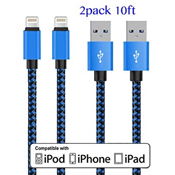 VVinRC 2Pack 10Feet Nylon Braided Lightning Cable to USB Charging Charger for iPhone 7/ 7 Plus/ SE/ 6s/ 6 /6 Plus/ 6s Plus/ 5s/ 5c/ 15/ iPad Air/ Mini/ iPod Nano/ Touch (Gray) (Blue)