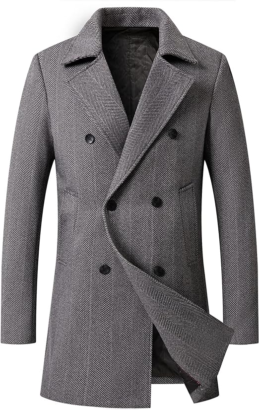 PRIJOUHE Mens Woolen Trench Coat Pea Coat Double Breasted Regular Fit Wool Blend coat Business Overcoat