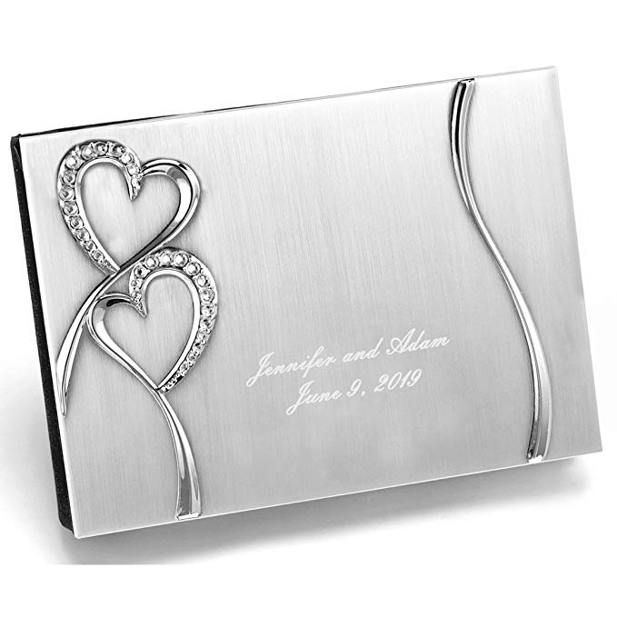 All Things Weddings Personalized and Engraved Silver Plated Petite Guest Book, Twin Hearts Sparkling Love