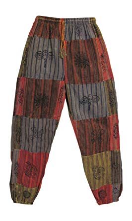 Mens Stonewashed Cotton Bohemian Vintage Yoga Ethnic Print Patchwork Harem Pants