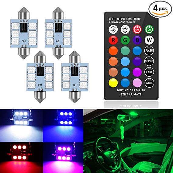 39mm LED Festoon DE3425 6461 6475 Bulb RGB with Remote Control, 16 Colors Change Extremely Bright 1.54 Inches for Car Interior Dome Map Door Courtesy License Plate Lights Trunk Light Bulbs Pack of 4