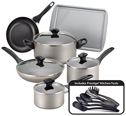 Farberware Dishwasher Safe Nonstick 15-Piece Cookware Set, Champagne