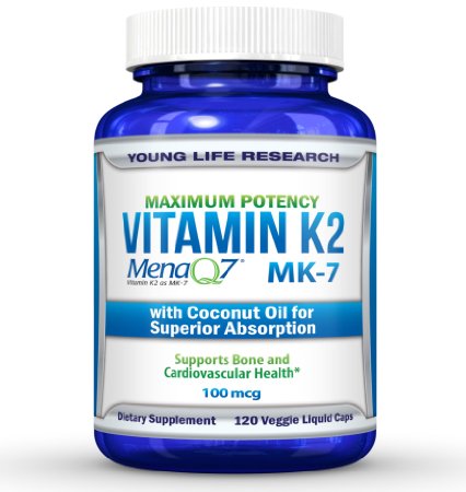 Vitamin K2 MK7 - Clinically Proven MenaQ7 and Organic Coconut Oil for Superior Absorption - 120 Soy-Free Non-GMO Vegetarian Liquid Caps 100 mcg - Supports Bone and Cardiovascular Health