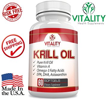 Best Pure Krill Oil 1000mg w/ Astaxanthin (Not Found In Fish Oil) Supplement w/ Omega 3 Fatty Acids EPA & DHA For Men & Women - Vitamin A - Premium Omega-3 - 100% Satisfaction Guarantee - 60 Softgels