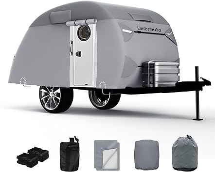 Umbrauto Teardrop Travel Trailer Cover Fits 10'-12' Trailers, 7 Layers Top Heavy Duty Waterproof Camper Cover with Windproof Strap for R-Pod Trailers, Clamshell Trailers