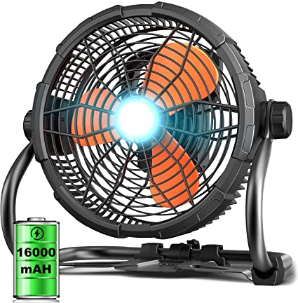 Rovtop 12" High Velocity Floor Fan, Rechargeable Outdoor Indoor Fan, 16000 mAH Cordless Portable Battery Operated Fan Run for 4.5-18 Hours, 360° Adjustable Tilt Industrial Camping Fan with Led Light