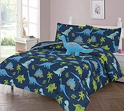 GorgeousHomeLinen Boys Girls Teens Twin/Full Comforter Bedding Set with Matching Sheets and Small Decorative Pillow Bed Dressing for Kids (Dinosaur Blue, Twin)