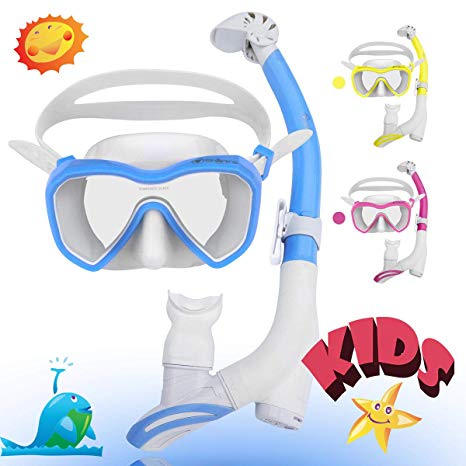 Shark's Tooth Dry Snorkel Set with Anti-Fogging Diving Mask and Dual Purge Valve for Adult Youth and Kids | Surface Swimming Dive Gear | 180° Panoramic View Anti-Leak (KidsBlue)