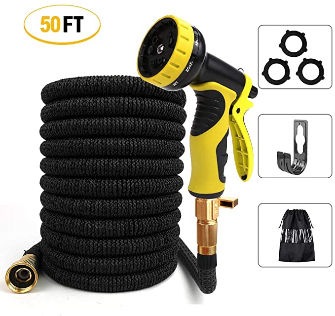 Freehawk Garden Hose Expandable Water Hose with Solid Brass Fittings, 10 Mode Spray Nozzle, Triple Layer Latex Core, Nylon-Elastic Shell with Storage Bag, Leak-proof Lightweight Rubber Gar(50FT Black)